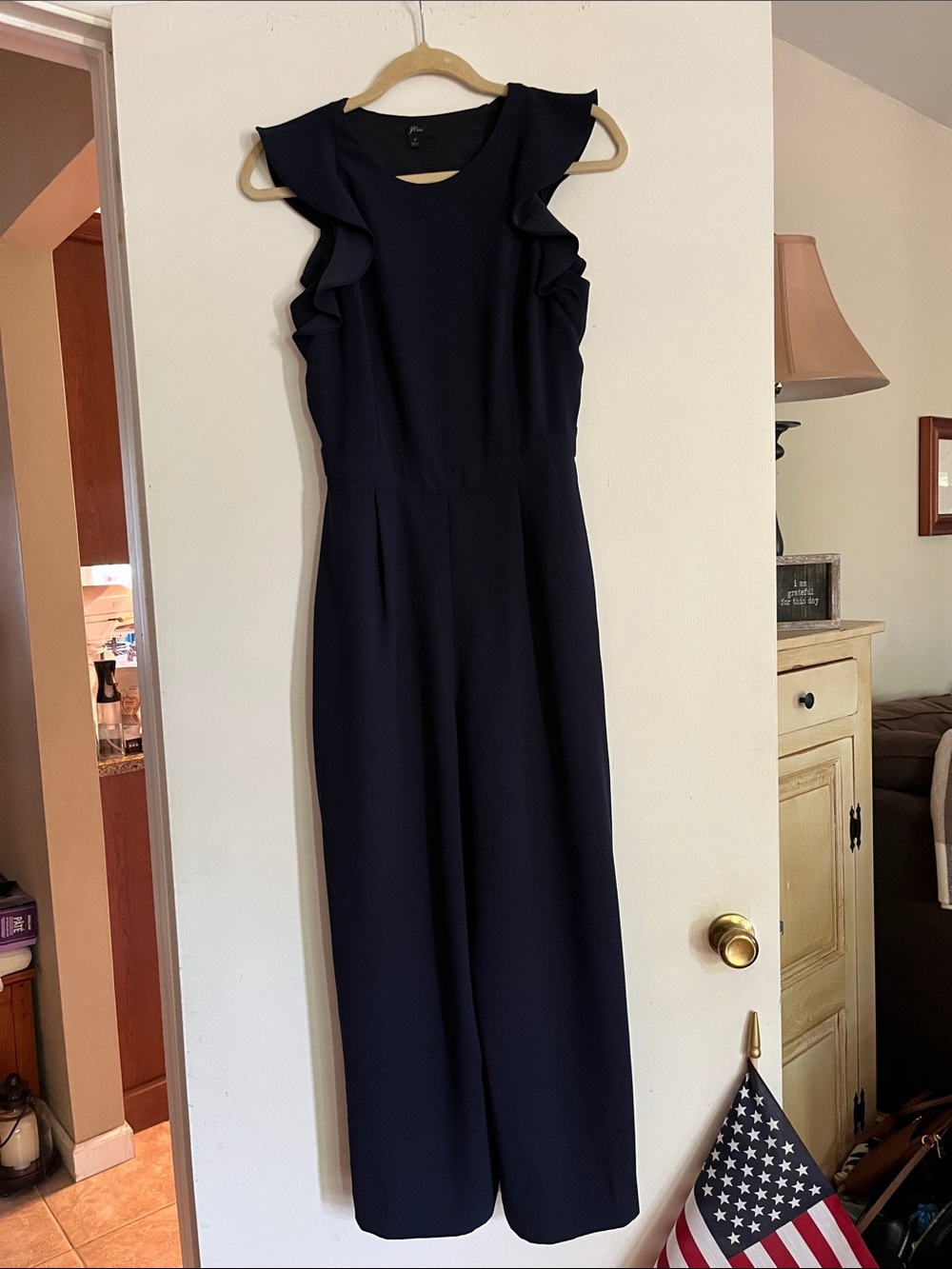 J. Crew Navy Ruffle-Shoulder Wide-Leg Jumpsuit